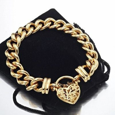 18ct Heavy Yellow Gold Plated 12mm Euro Curb Chain Bracelet with a Filigree Locket - USA Made