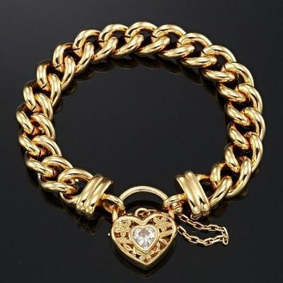 Pulsera de cadena europea de 12 mm chapada en oro amarillo pesado de 18 quilates con un relicario de filigrana con un diamante de imitación - Fabricada en EE. UU.