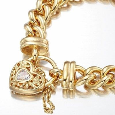 18ct Heavy Yellow Gold Plated 12mm Euro Curb Chain Bracelet with a Filigree Locket Featuring a Simulated Diamond - USA Made