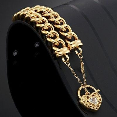 18ct Heavy Yellow Gold Plated 12mm Euro Curb Chain Bracelet with a Filigree Locket Featuring a Simulated Diamond - USA Made