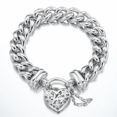 925 Sterling Silver Plated 12mm Euro Curb Chain Bracelet with a Filigree Locket - USA Made