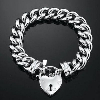 925 Sterling Silver Plated  12mm Euro Curb Chain Bracelet Featuring a Plain Locket  - USA Made