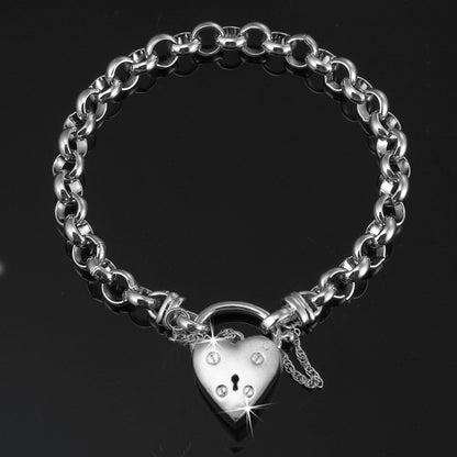 925 Sterling Silver Plated 6mm Belcher Chain Bracelet with a Small Plain Heart Locket - USA Made