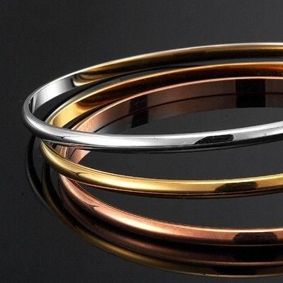 18ct Heavy 925 Sterling Silver, Rose & Yellow Gold Plated 3 Tone Plain 3mm Triple Bangle Set - USA Made