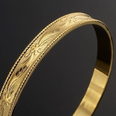 18ct Heavy Yellow Gold Plated Filigree Plain 8mm Bangle - USA Made