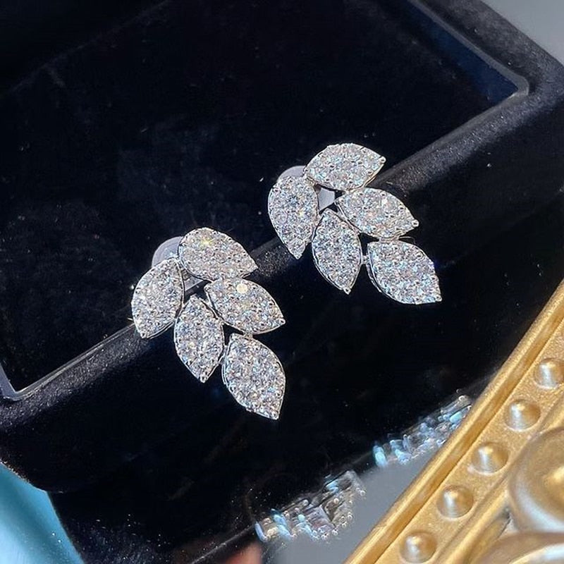 Designer Simulated Diamond Leaf Earrings in Silver