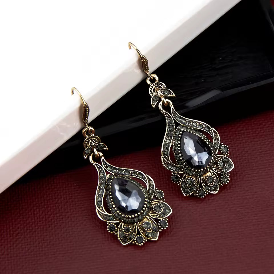 Vintage Antique Statement Dangle Black & Bronze Boho Earrings