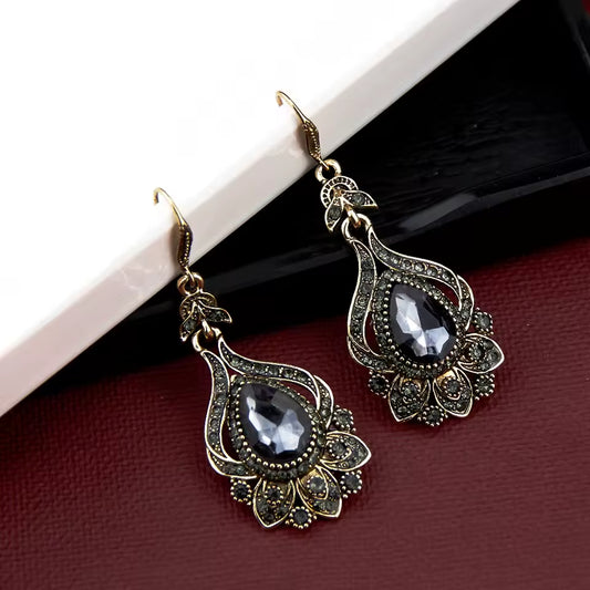 Vintage Antique Statement Dangle Black & Bronze Boho Earrings
