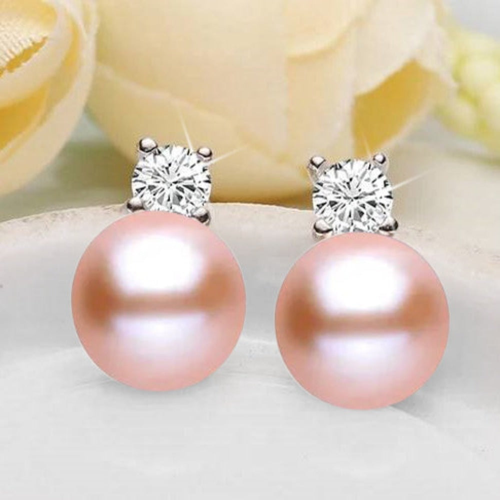 Genuine Freshwater Pearl  & Simulated Diamond Stud Earrings