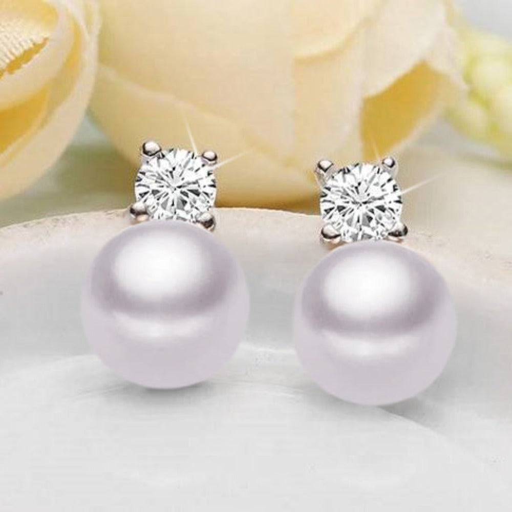 Genuine Freshwater Pearl  & Simulated Diamond Stud Earrings