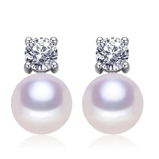 Genuine Freshwater Pearl  & Simulated Diamond Stud Earrings