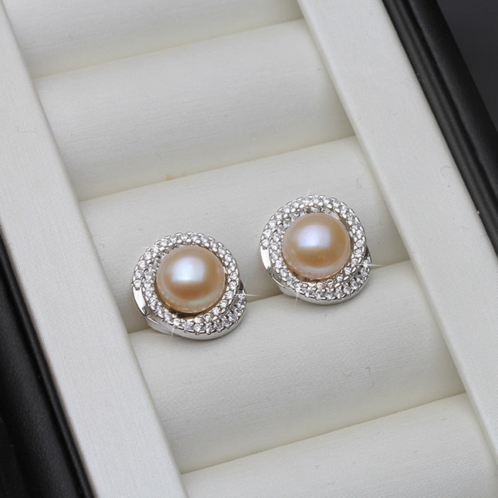 Genuine Simulated Diamond & Freshwater Pearl Swirl Stud Earrings