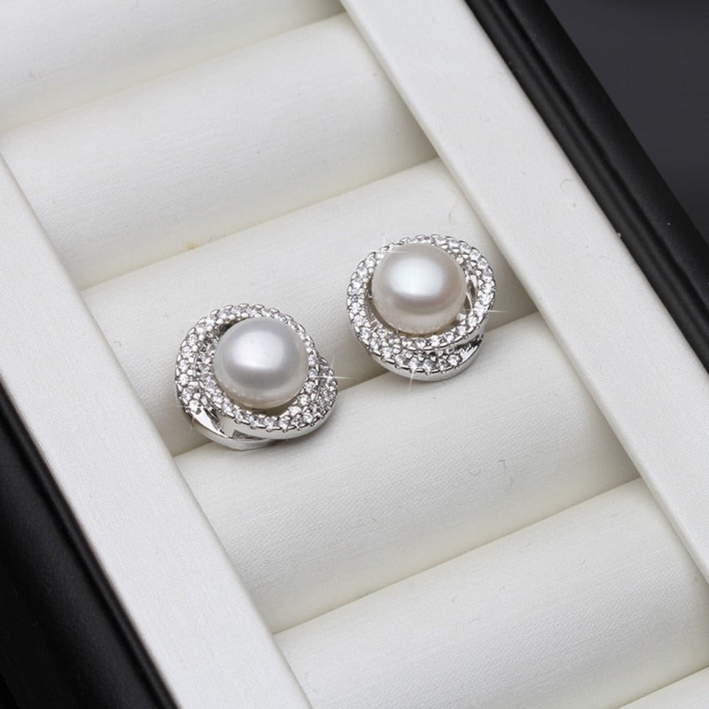 Genuine Simulated Diamond & Freshwater Pearl Swirl Stud Earrings