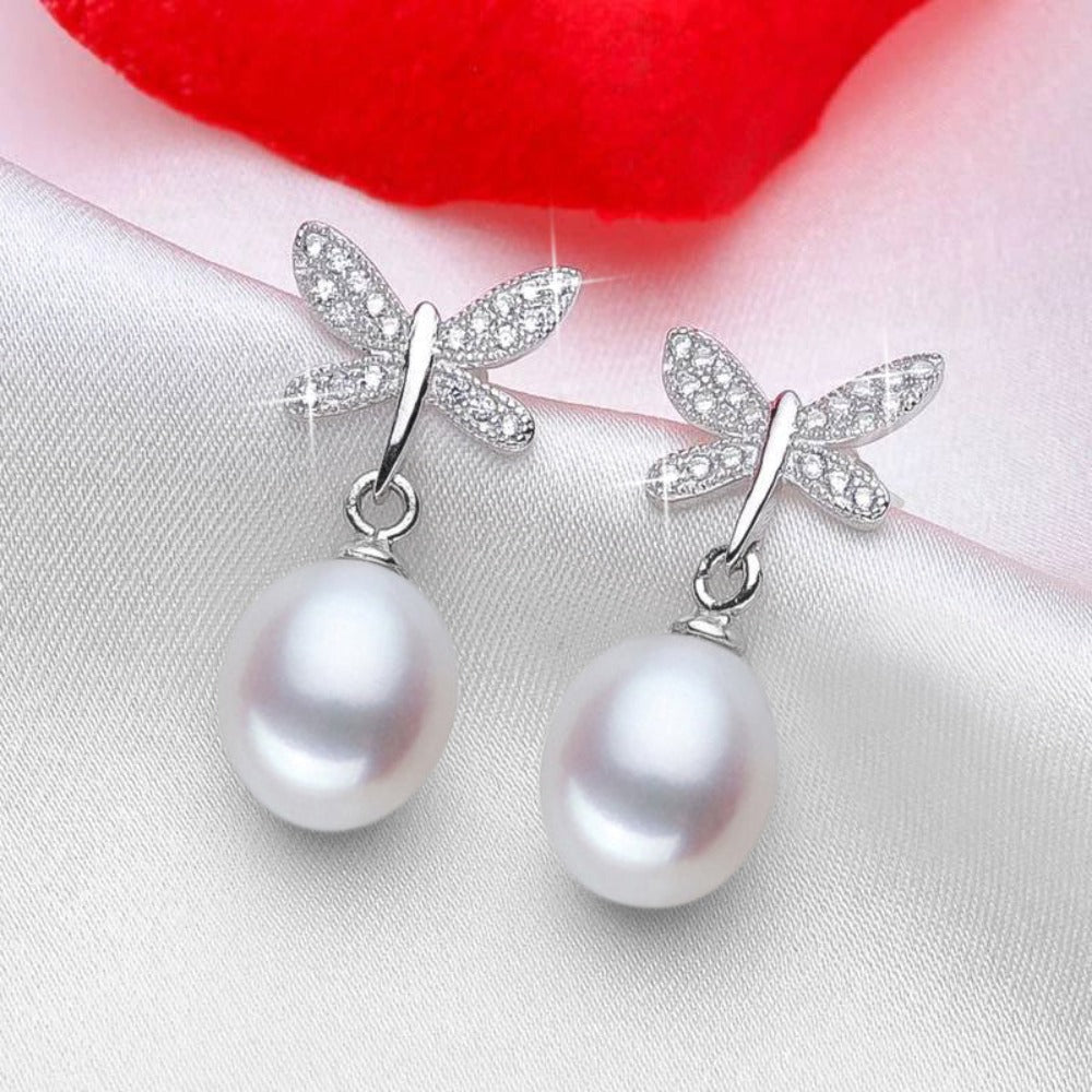 Stunning Simulated Diamond Freshwater Pearl Butterfly Stud Earrings