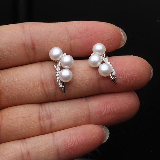 Genuine Triple Freshwater Pearl & Simulated Diamond Stud Earrings