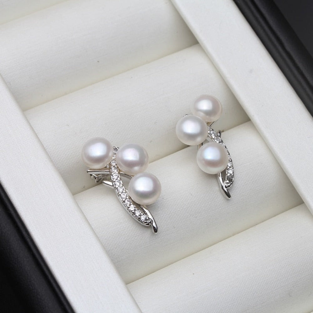 Genuine Triple Freshwater Pearl & Simulated Diamond Stud Earrings