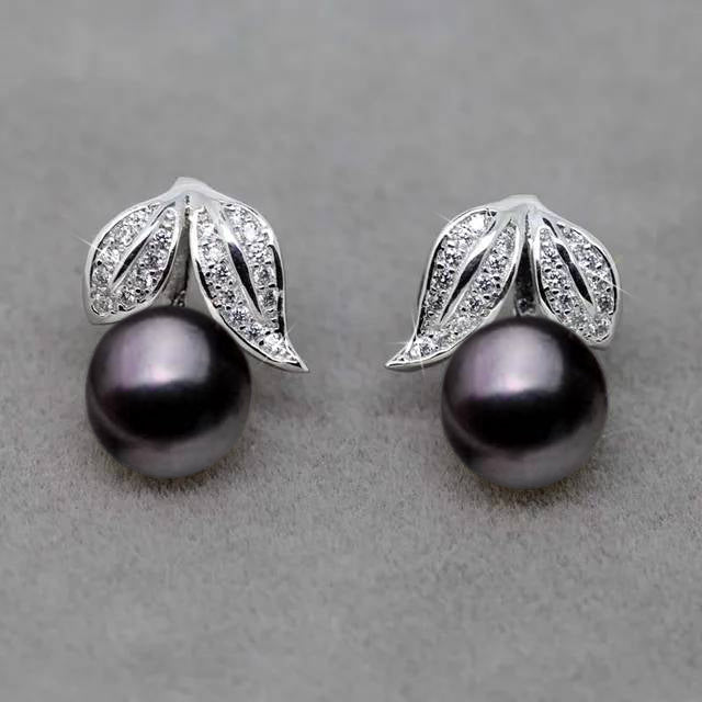 Genuine Freshwater Pearl and Simulated Diamond Leaf Stud Earrings