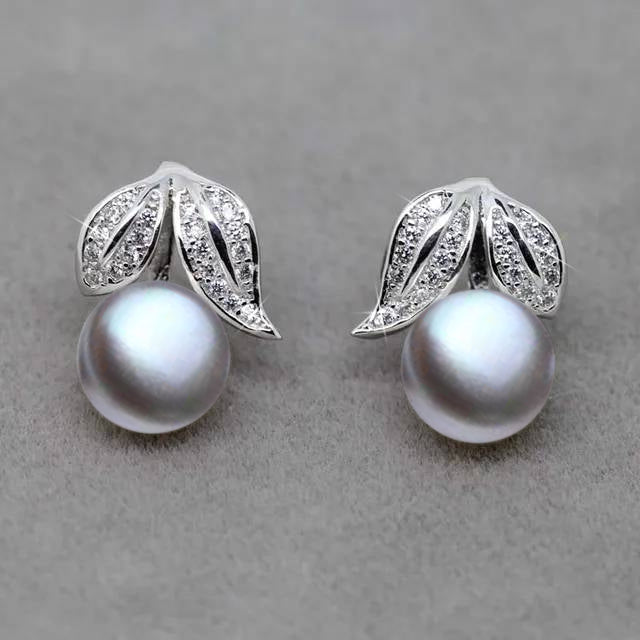 Genuine Freshwater Pearl and Simulated Diamond Leaf Stud Earrings