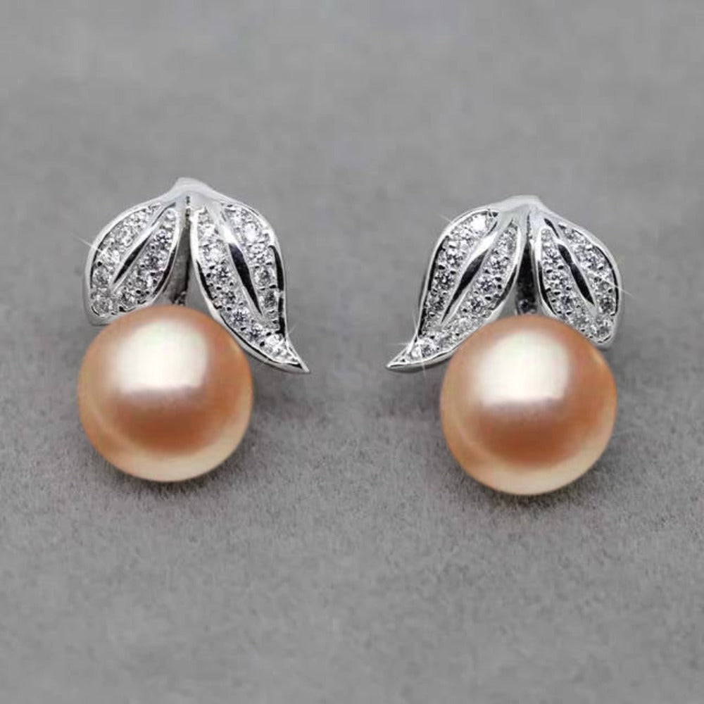 Genuine Freshwater Pearl and Simulated Diamond Leaf Stud Earrings