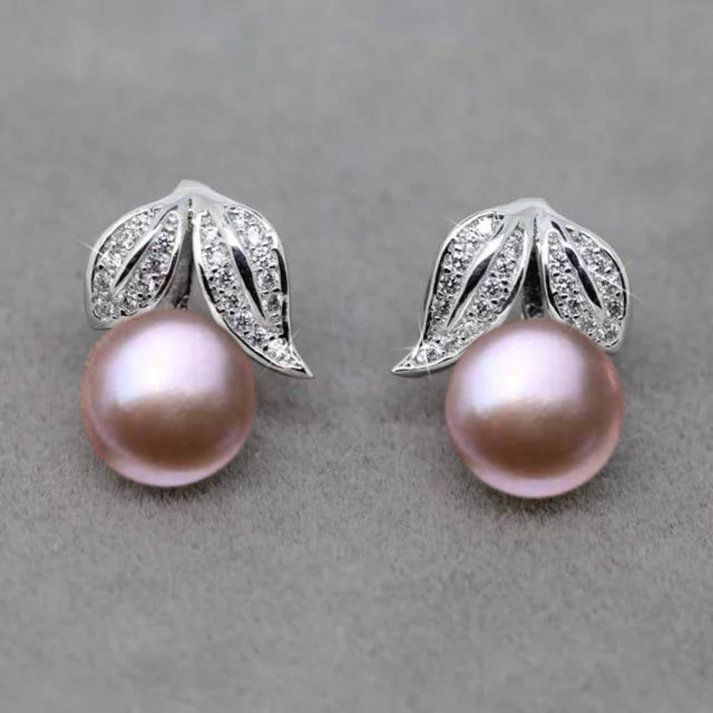 Genuine Freshwater Pearl and Simulated Diamond Leaf Stud Earrings