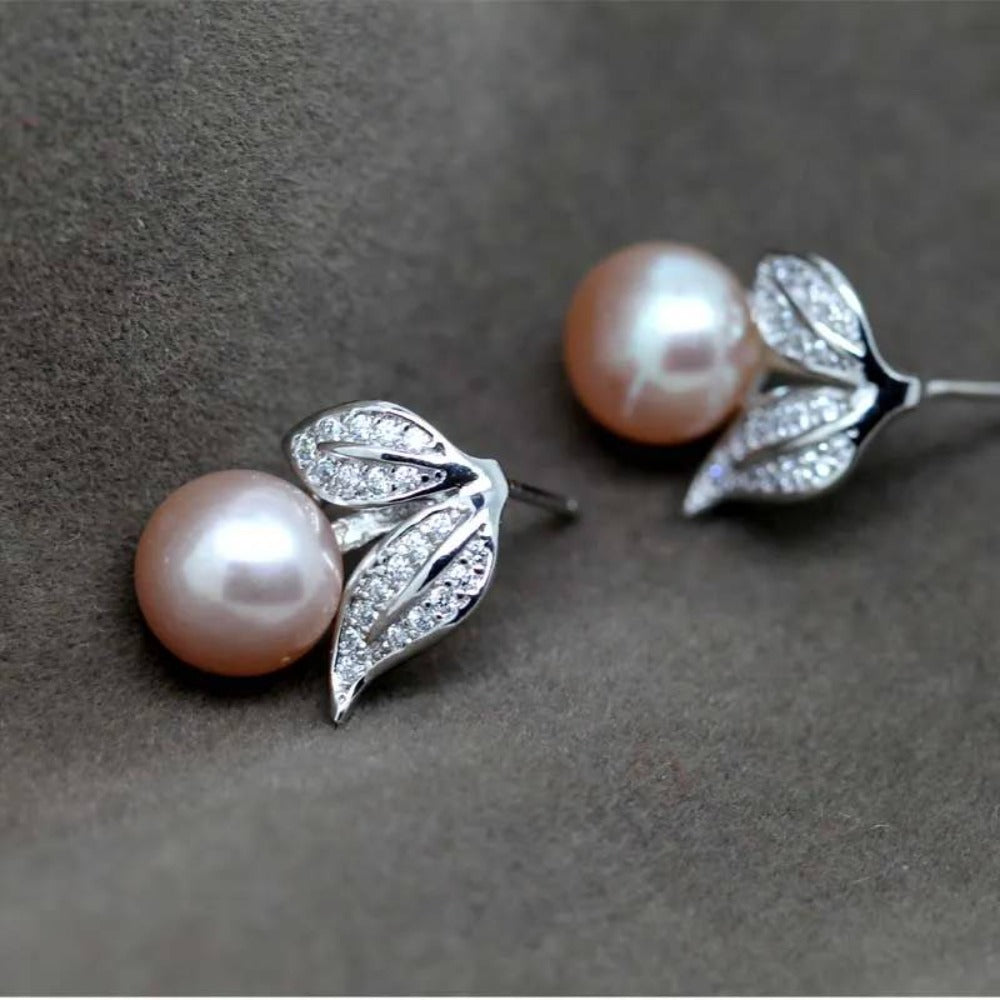 Genuine Freshwater Pearl and Simulated Diamond Leaf Stud Earrings