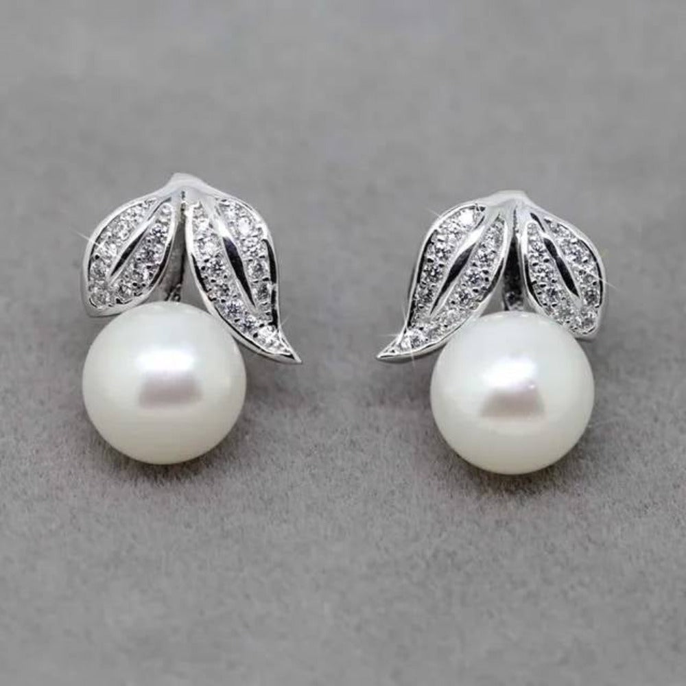 Genuine Freshwater Pearl and Simulated Diamond Leaf Stud Earrings