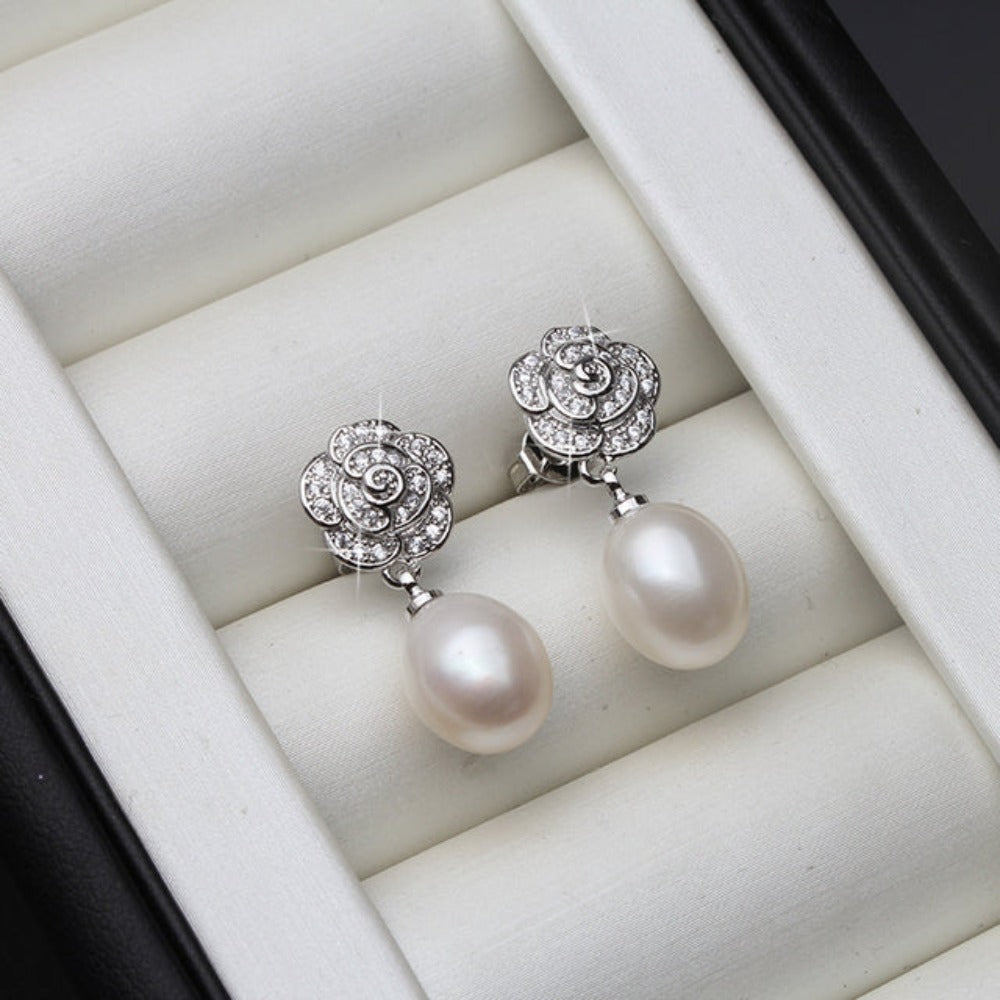 Genuine Freshwater Pearl & Simulated Diamond Floral Drop Earrings