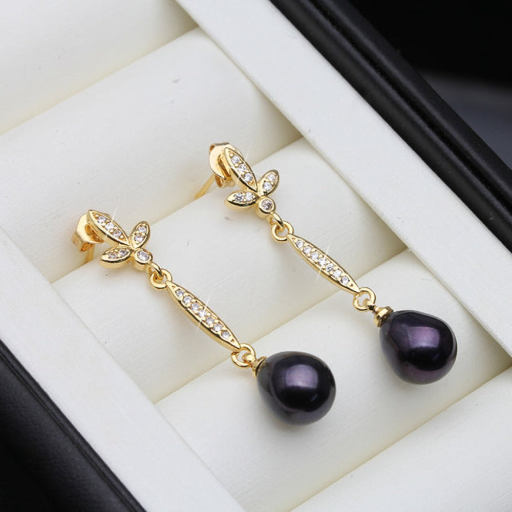 Genuine Freshwater Pearl Long Dangle Earrings in Gold