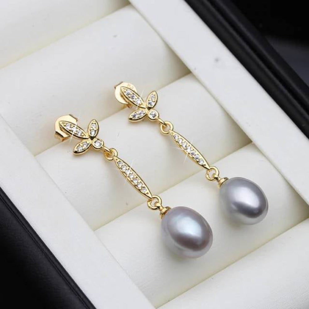 Genuine Freshwater Pearl Long Dangle Earrings in Gold