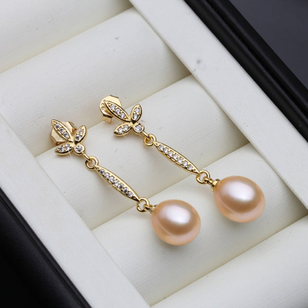 Genuine Freshwater Pearl Long Dangle Earrings in Gold