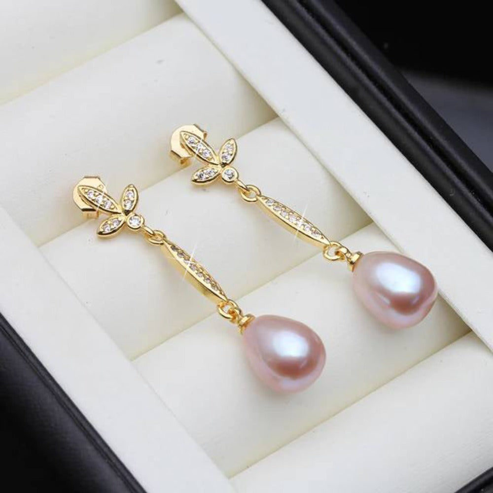 Genuine Freshwater Pearl Long Dangle Earrings in Gold