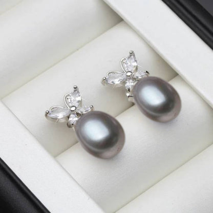 Genuine White Freshwater Pearl & Simulated Diamond Butterfly Stud Earrings
