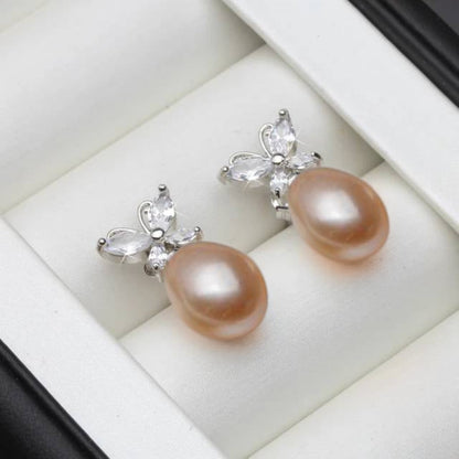 Genuine White Freshwater Pearl & Simulated Diamond Butterfly Stud Earrings