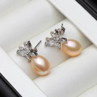 Genuine White Freshwater Pearl & Simulated Diamond Butterfly Stud Earrings