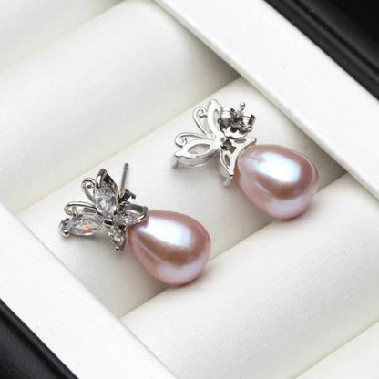 Genuine White Freshwater Pearl & Simulated Diamond Butterfly Stud Earrings