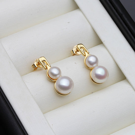 Genuine Freshwater Pearl Double Drop Earrings in Gold