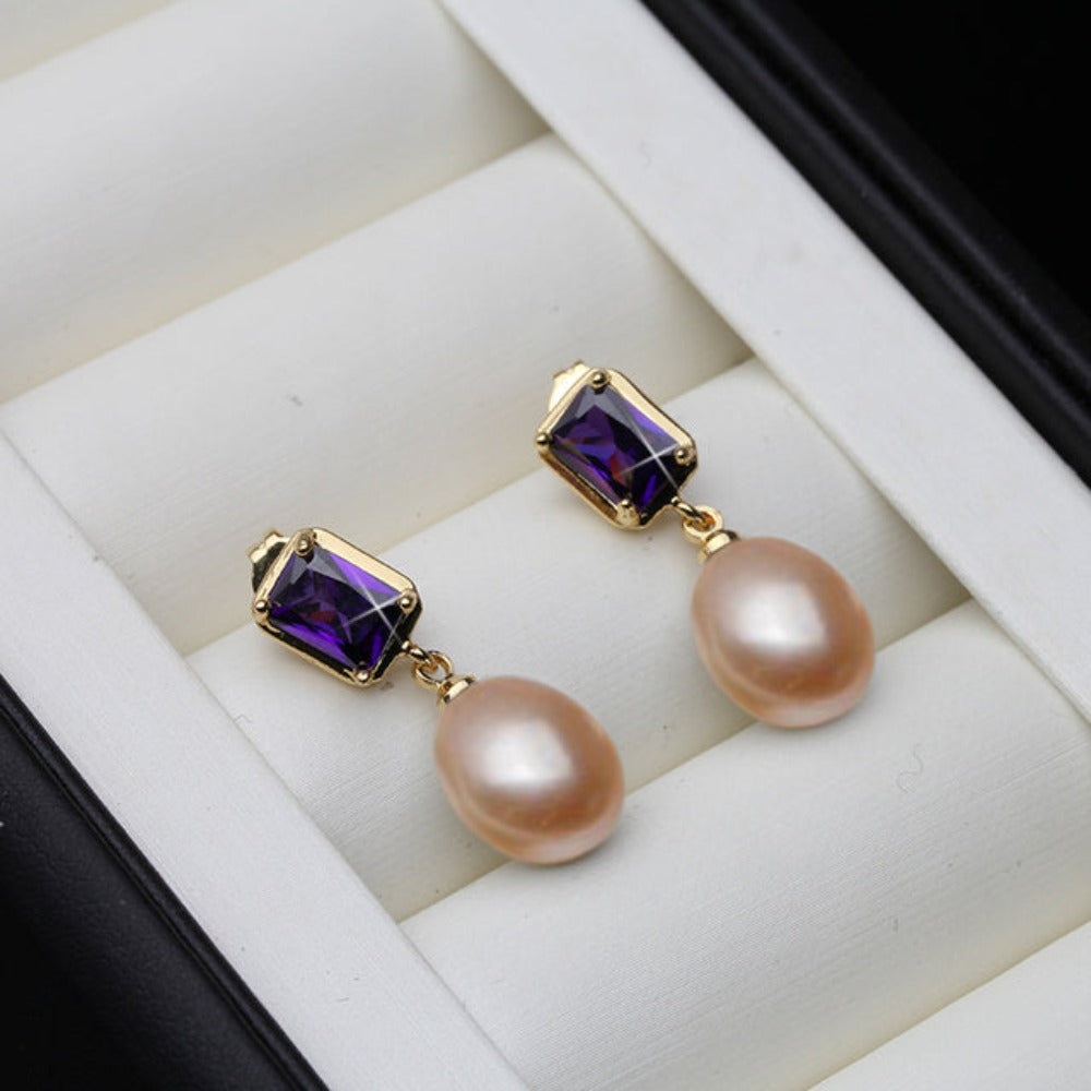 Genuine Freshwater Pearl Purple Rectangular Drop Earrings