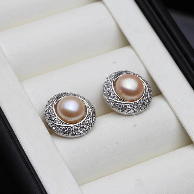 Designer White Freshwater Pearl & Simulated Diamond Round Stud Earrings