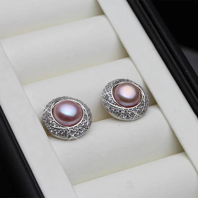 Designer White Freshwater Pearl & Simulated Diamond Round Stud Earrings