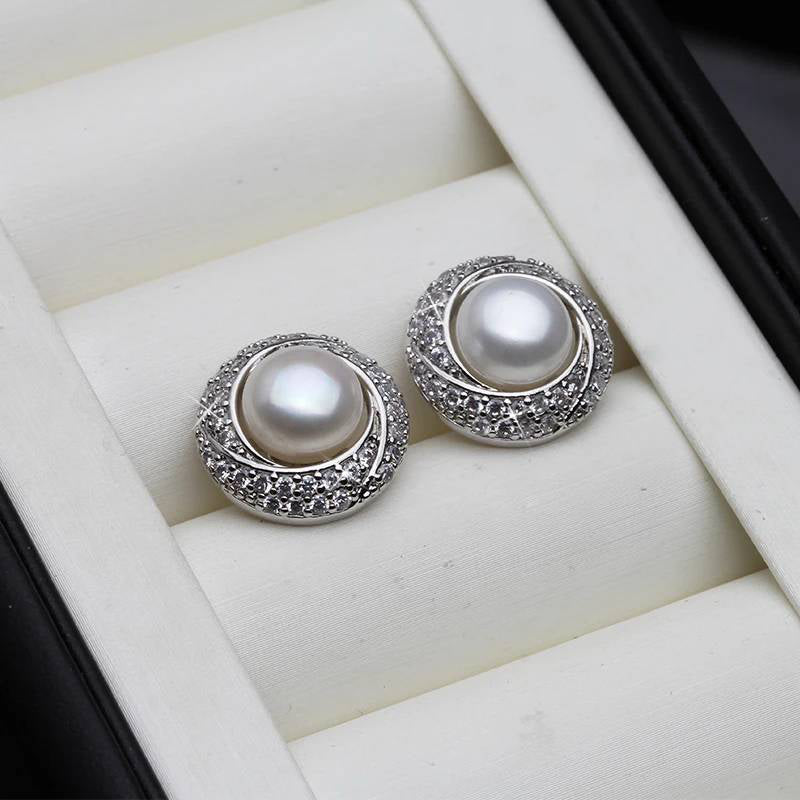 Designer White Freshwater Pearl & Simulated Diamond Round Stud Earrings