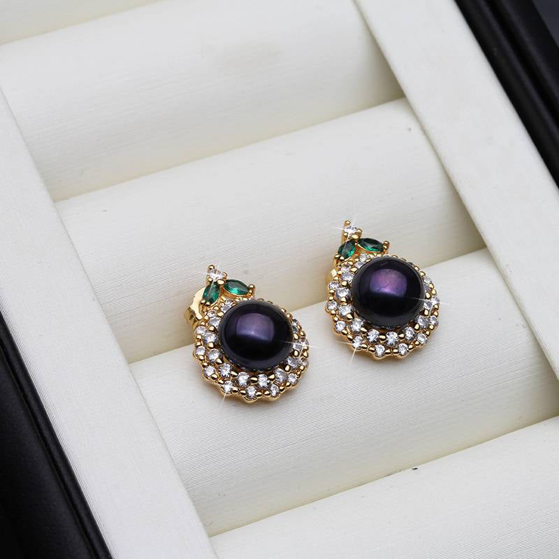 Genuine Round Freshwater Pearl Designer Earrings With Green Stone