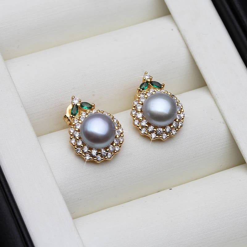 Genuine Round Freshwater Pearl Designer Earrings With Green Stone