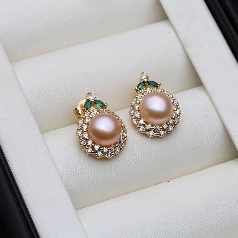 Genuine Round Freshwater Pearl Designer Earrings With Green Stone