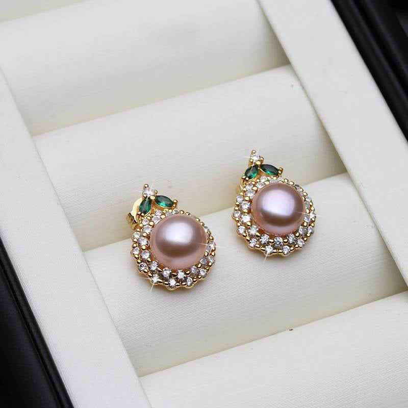 Genuine Round Freshwater Pearl Designer Earrings With Green Stone