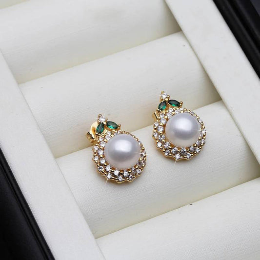 Genuine Round Freshwater Pearl Designer Earrings With Green Stone