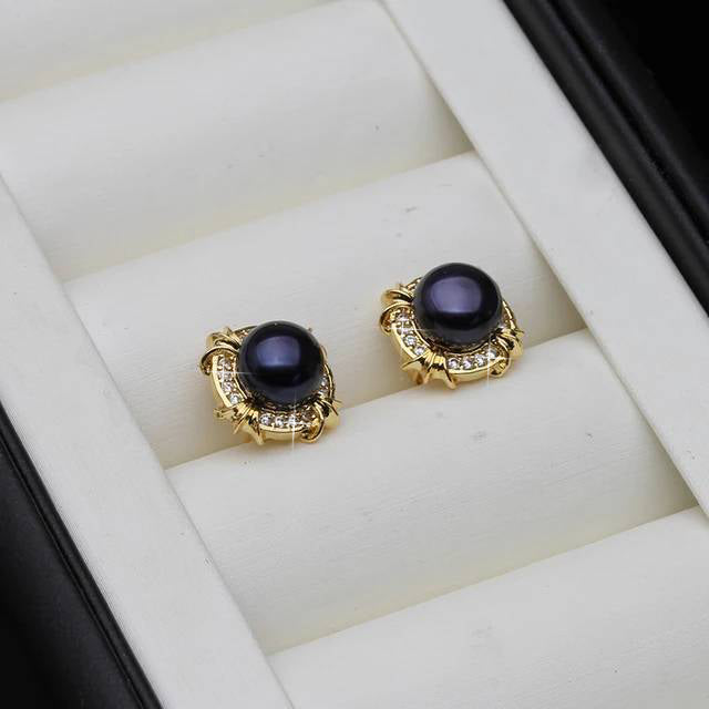 Genuine Freshwater Pearl Designer Stud Earrings with Simulated Diamonds in Gold