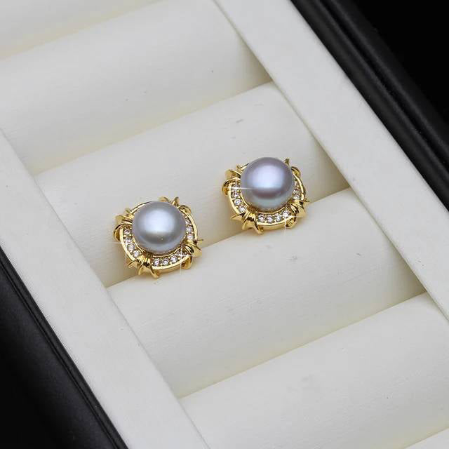 Genuine Freshwater Pearl Designer Stud Earrings with Simulated Diamonds in Gold