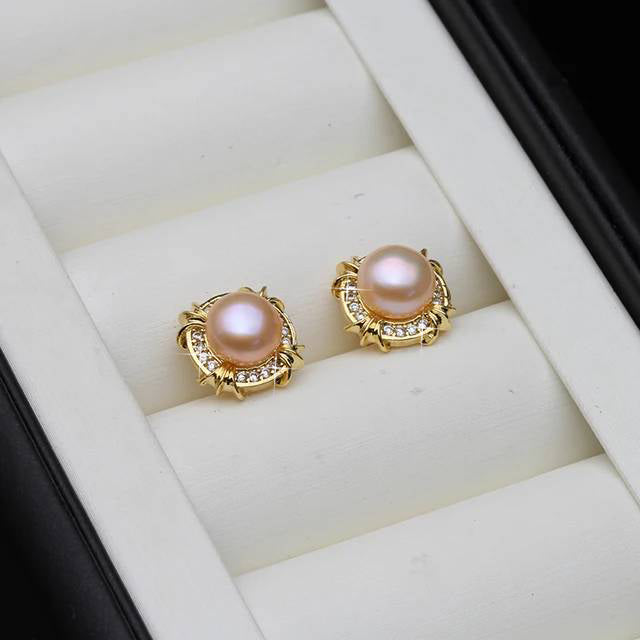 Genuine Freshwater Pearl Designer Stud Earrings with Simulated Diamonds in Gold