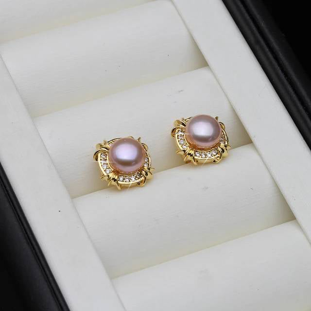 Genuine Freshwater Pearl Designer Stud Earrings with Simulated Diamonds in Gold