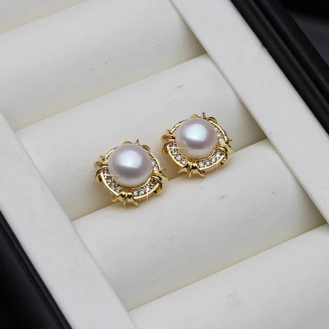 Genuine Freshwater Pearl Designer Stud Earrings with Simulated Diamonds in Gold